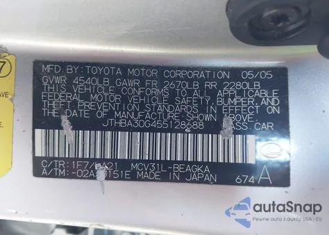 2005 Lexus Es 330 из США, поврежденный, VIN JTHBA30G455128688